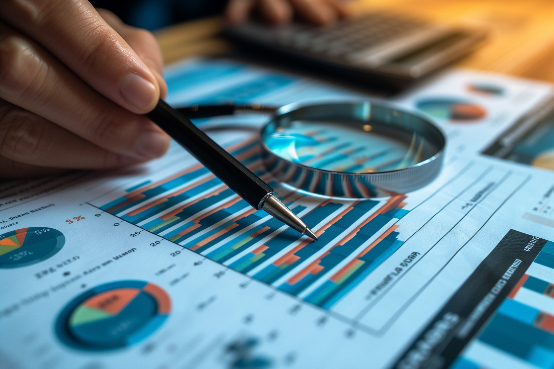 business papers and magnifying glass